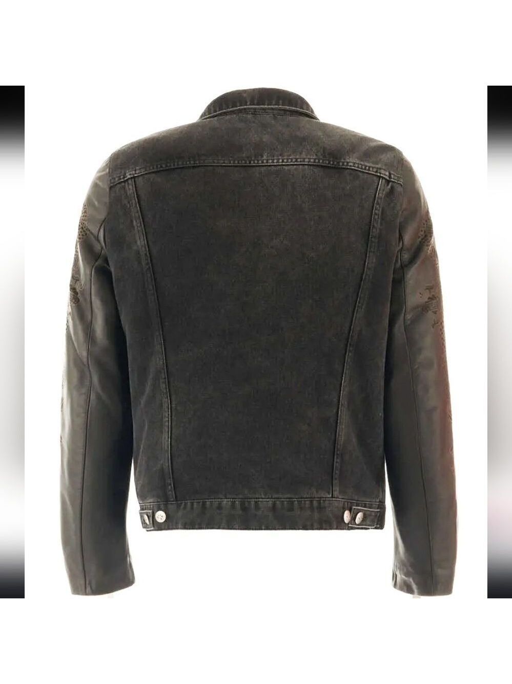 John Richmond - Denim and Laser Cut Leather Jacket in Black Large - Picture 2 of 16